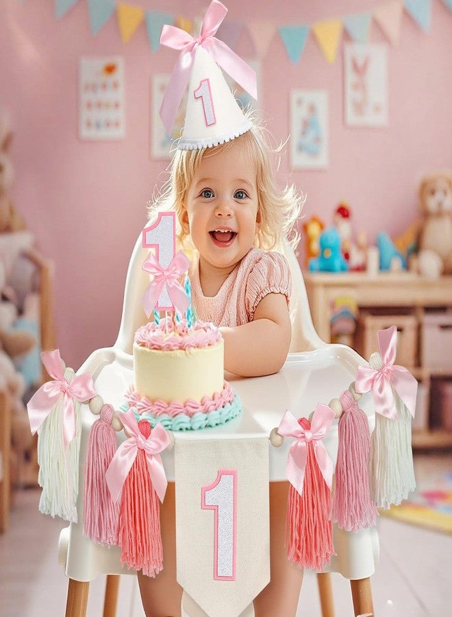 Lonfliness 3 Pcs Pink Bow 1st High Chair Banner Baby Girl First Birthday Party Decoration Set Pink Bow Cone Hat One High Chair Banner Cake Topper for Baby Shower Princess 1st Birthday Party Supplies - Image 2